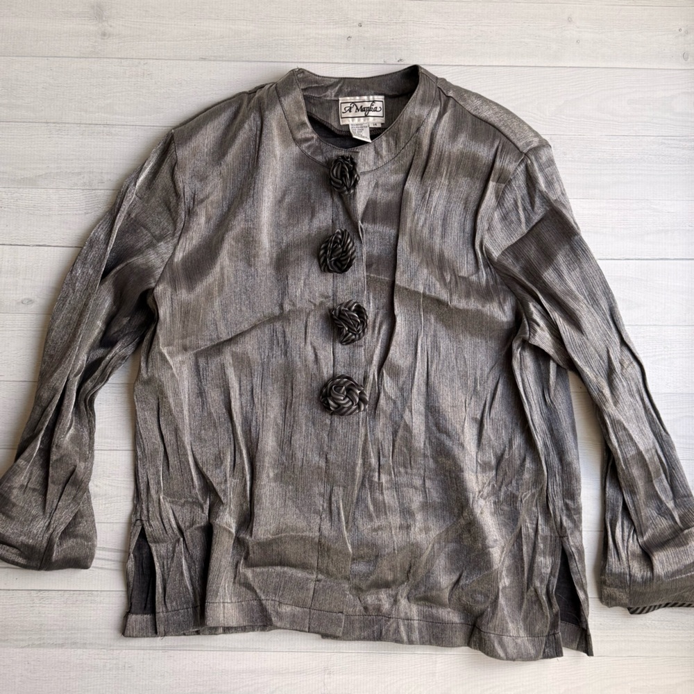 Vintage Silver Metallic Button Up Shirt Silk Flower Button Detail Sz 14